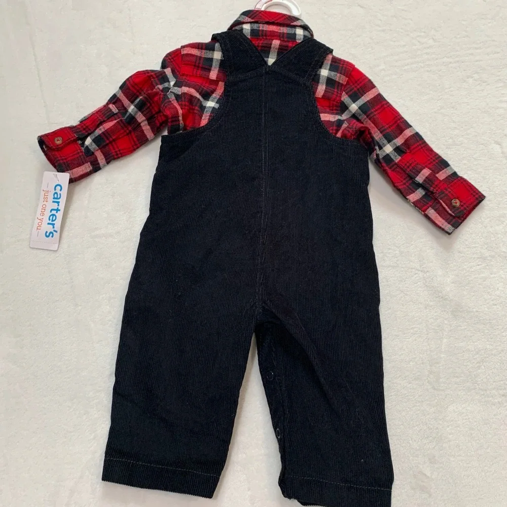 Carters plaid shirt and‎ black corduroy overalls 6 months new with tags